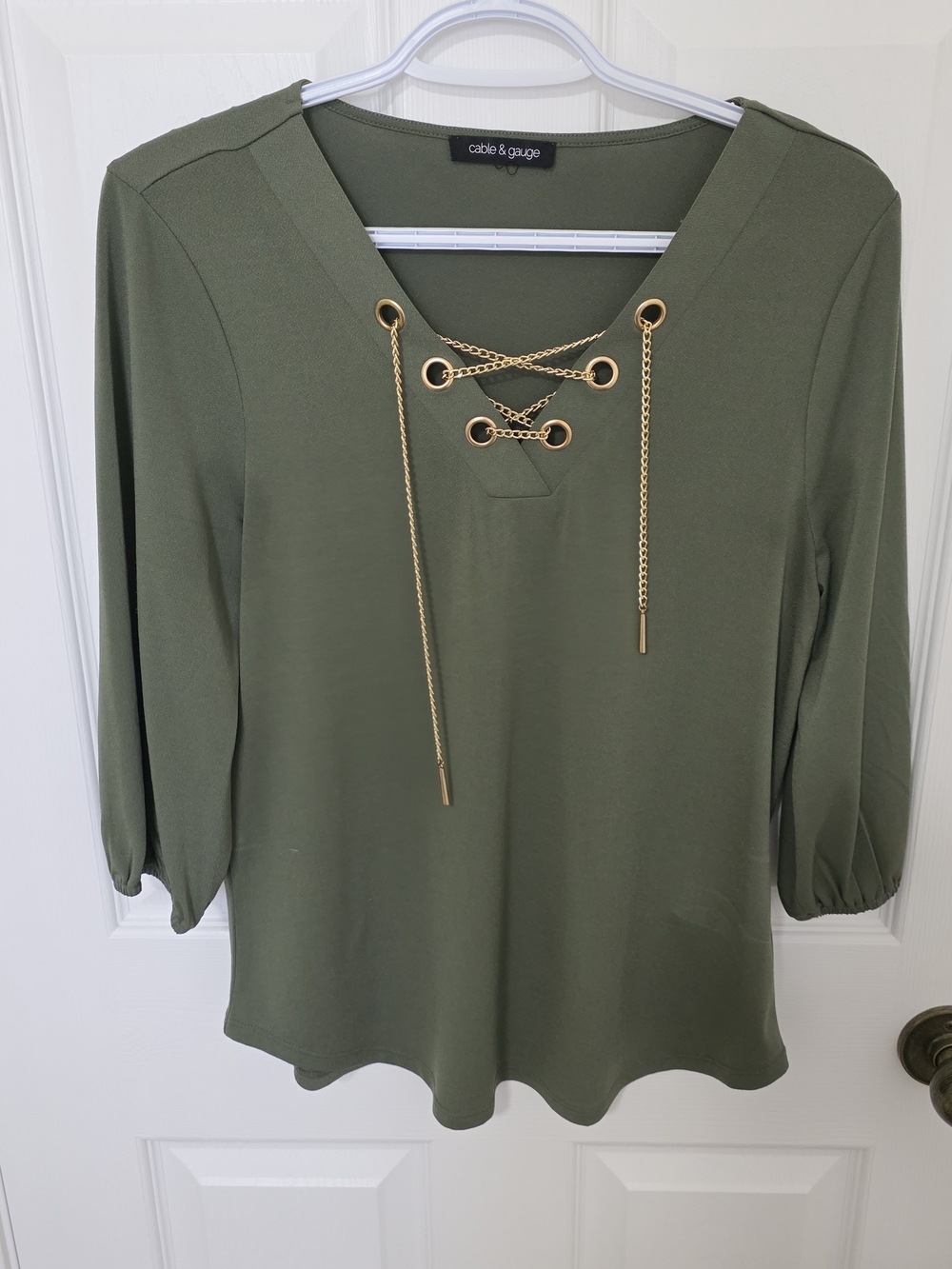 Cable & Gauge Olive Lace-Up V-Neck Top with Gold Chain